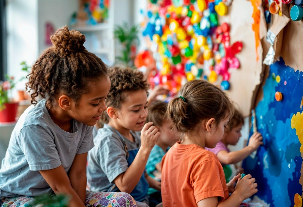 Crianças durante atividade escolar em grupo
